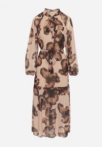 Born2be - Ciemnobeżowa Pudełkowa Sukienka w Kwiaty z Paskiem Nifle. Okazja: na co dzień. Kolor: beżowy. Materiał: skóra. Wzór: kwiaty. Styl: casual, elegancki #2