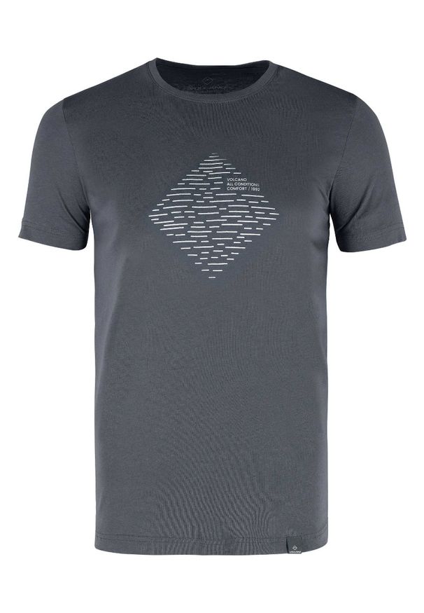 Volcano - Klasyczny t-shirt męski z nadrukiem T-SILENCE. Kolekcja: plus size. Kolor: szary. Materiał: materiał, bawełna, włókno, skóra. Długość rękawa: krótki rękaw. Długość: krótkie. Wzór: nadruk. Styl: klasyczny