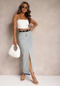 Renee - Jasnoniebieska Ołówkowa Spódnica Jeansowa z Ozdobnym Rozcięciem Lefrana. Kolor: niebieski. Materiał: jeans. Styl: elegancki