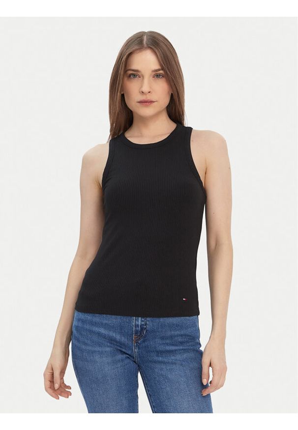 TOMMY HILFIGER - Tommy Hilfiger Top WW0WW38635 Czarny Slim Fit. Kolor: czarny. Materiał: wiskoza