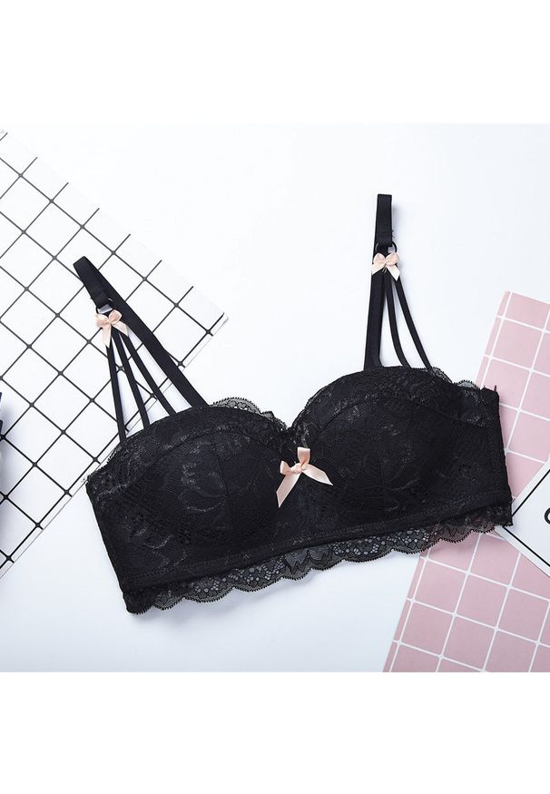 Intica - Biustonosz balkonetka push-up koronkowy z kokardkami Hafize. Kolor: czarny. Materiał: koronka. Rodzaj stanika: push-up