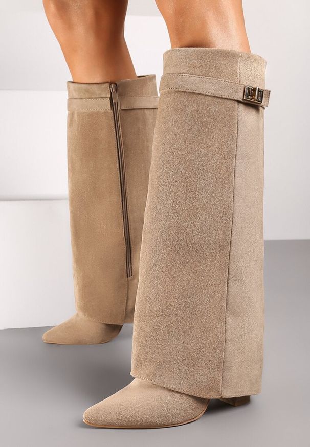 Born2be - Ciemnobeżowe Kozaki na Słupku z Wywiniętą Cholewką Gafsena. Okazja: na co dzień. Kolor: beżowy. Materiał: jeans. Szerokość cholewki: normalna. Obcas: na słupku. Styl: casual. Wysokość obcasa: średni