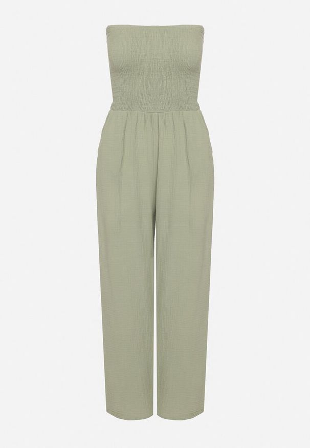 Born2be - Jasnozielony Bawełniany Taliowany Kombinezon Góra Bandeau Wykończona Gumkami Moranna. Okazja: na co dzień. Kolor: zielony. Materiał: bawełna. Sezon: lato. Styl: casual, klasyczny