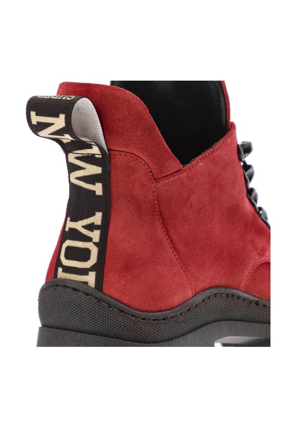 DAMISS - Czerwone Botki Damiss Wygodne Buty Damskie. Okazja: na co dzień. Kolor: czerwony. Materiał: welur, skóra. Szerokość cholewki: normalna. Styl: casual, sportowy