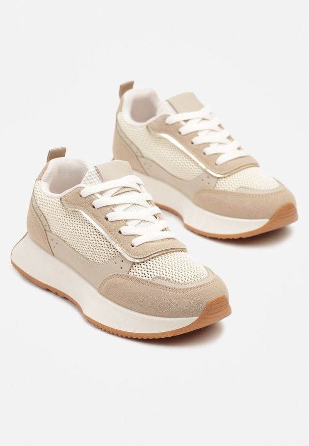 Renee - Ciemnobeżowe Sneakersy Ozdobione Geometrycznym Motywem Calgis. Okazja: na spacer, na co dzień. Nosek buta: okrągły. Zapięcie: sznurówki. Kolor: beżowy. Wzór: aplikacja, geometria. Materiał: jeans, materiał. Obcas: na obcasie. Wysokość obcasa: niski. Sport: turystyka piesza