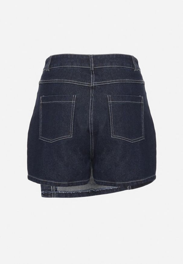 Born2be - Granatowe Jeansowe Spódnico-Szorty o Asymetrycznym Kroju z Ozdobnymi Przeszyciami Lisarennea. Okazja: na co dzień. Kolor: niebieski. Materiał: jeans. Styl: sportowy, elegancki, casual