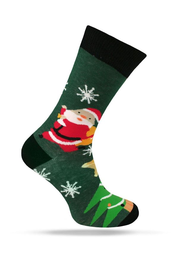 Świąteczne Skarpetki - Alties - Mikołaj, Zielone Tło, Płatki Śniegu. Kolor: wielokolorowy. Materiał: poliester, bawełna, elastan