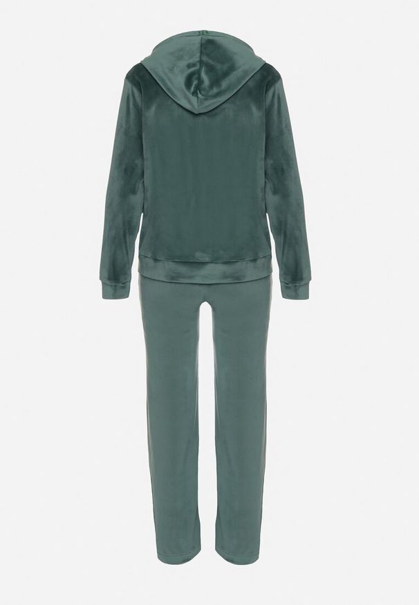 Born2be - Zielony Komplet Dresowy z Weluru Taliowana Bluza i Szerokie Spodnie Meandra. Kolor: zielony. Materiał: dresówka, welur. Wzór: aplikacja