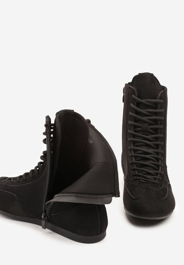 Born2be - Czarne Sznurowane Sneakersy w Stylu Bokserskim Havanne. Okazja: na co dzień. Kolor: czarny. Materiał: jeans