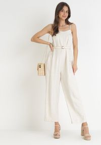 Born2be - Beżowy Bawełniany Kombinezon na Cienkich Ramiączkach Noela. Kolor: beżowy. Materiał: bawełna. Długość rękawa: na ramiączkach. Długość: długie #1