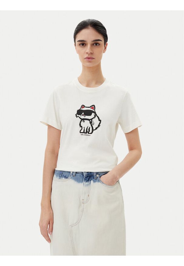 Karl Lagerfeld - KARL LAGERFELD T-Shirt A1W17128 Écru Regular Fit. Typ kołnierza: dekolt w karo. Materiał: bawełna