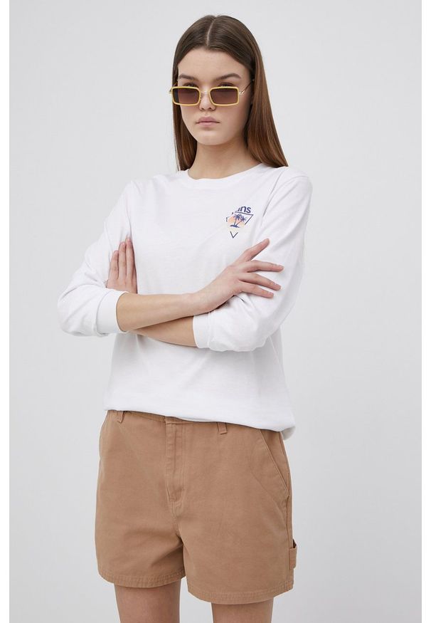 Vans longsleeve bawełniany kolor biały. Okazja: na co dzień. Kolor: biały. Materiał: bawełna. Długość rękawa: długi rękaw. Wzór: nadruk. Styl: casual