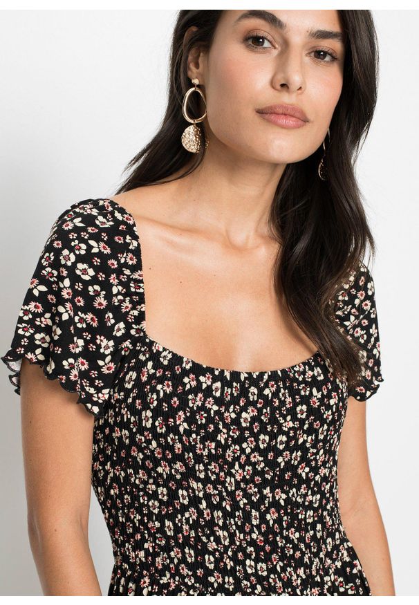 bonprix - Długa sukienka z mieszanki wiskozy. Typ kołnierza: dekolt w karo. Kolor: czarny. Materiał: wiskoza. Długość: maxi