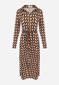 Born2be - Brązowa Sukienka Koszulowa w Geometryczny Wzór Kelsam. Kolor: brązowy. Wzór: geometria. Typ sukienki: koszulowe. Styl: elegancki #2