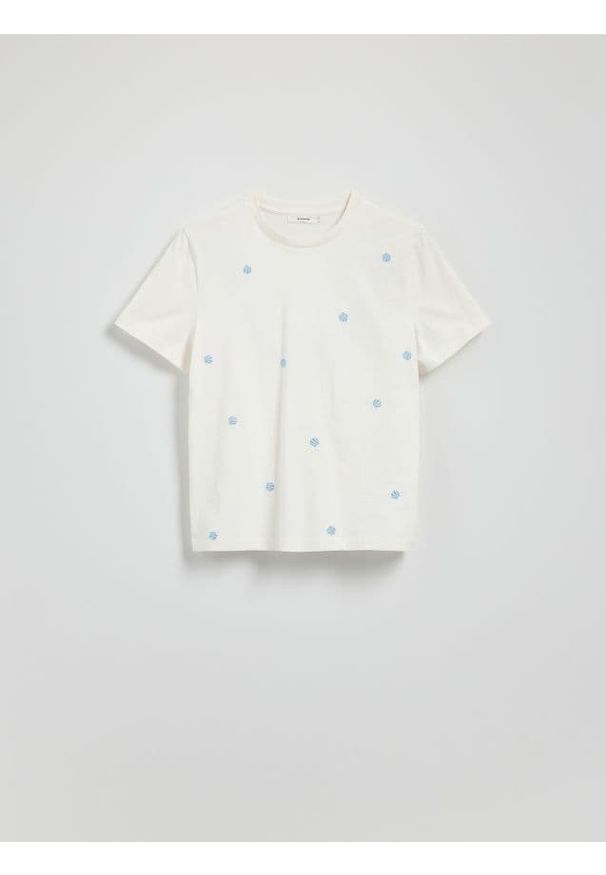 Reserved - T-shirt z haftem - biały. Kolor: biały. Materiał: bawełna. Wzór: haft