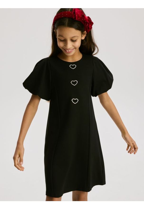 Reserved - Sukienka z bufiastymi rękawami - czarny. Kolor: czarny. Materiał: wiskoza, dzianina