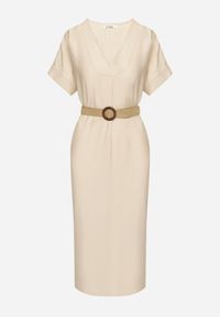 Born2be - Beżowa Wiskozowa Sukienka Pudełkowa z Paskiem i Rozcięciami po Bokach Sonanira. Okazja: na co dzień. Typ kołnierza: dekolt w serek. Kolor: beżowy. Materiał: wiskoza. Styl: casual, elegancki #5