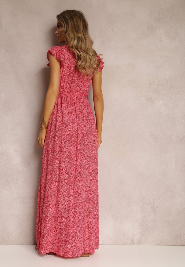 Renee - Czerwona Sukienka Karmay. Typ kołnierza: kołnierz z falbankami. Kolor: czerwony. Materiał: materiał. Wzór: aplikacja, kwiaty. Sezon: lato. Typ sukienki: kopertowe. Długość: maxi