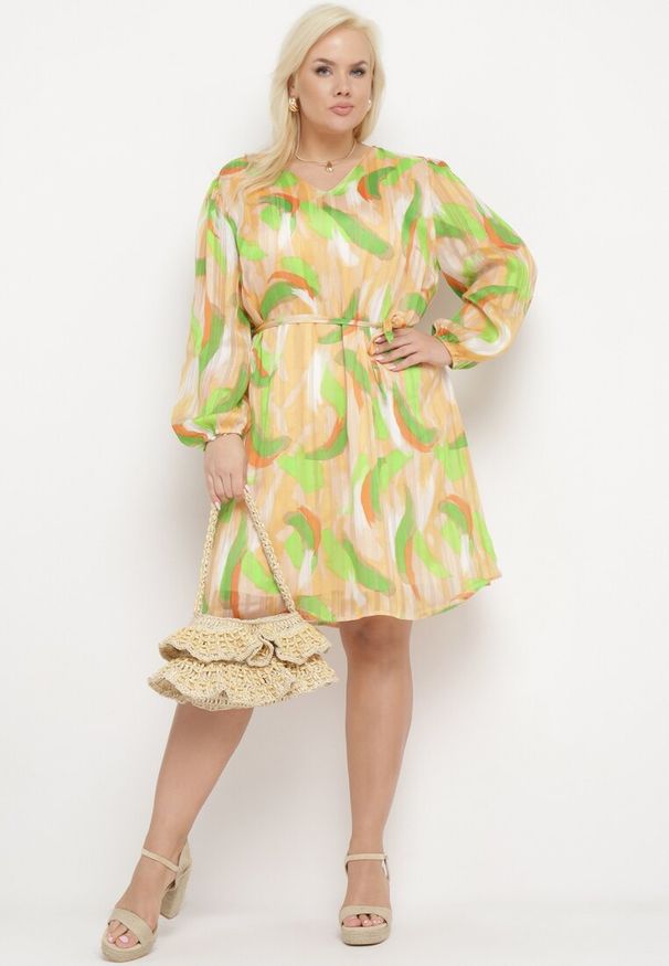 Born2be - Zielono-Beżowa Trapezowa Sukienka z Długim Rękawem i Podszewką Nadica. Kolor: zielony. Długość rękawa: długi rękaw. Typ sukienki: trapezowe