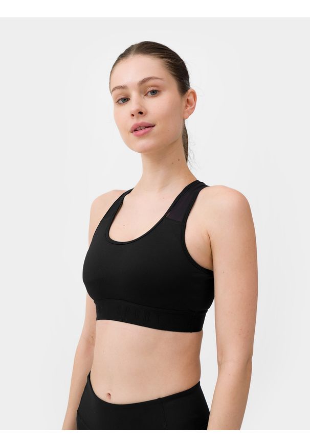 4f - Biustonosz treningowy z dodatkiem materiałów z recyklingu damski. Kolor: czarny. Materiał: materiał. Rodzaj stanika: wyciągane miseczki