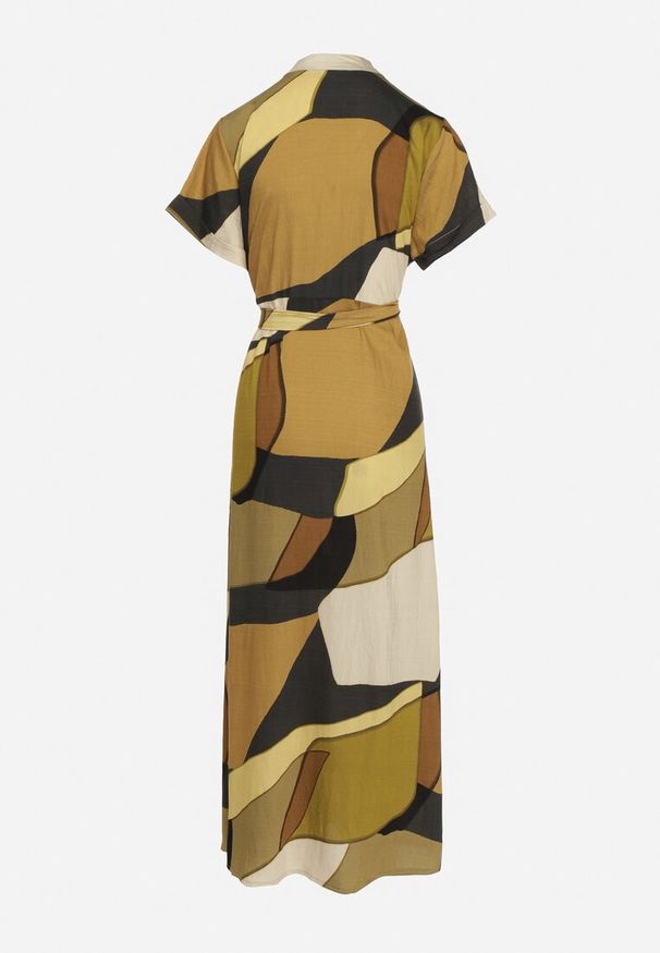 Born2be - Zielona Sukienka Rozkloszowana z Wiskozy w Geometryczny Wzór z Paskiem Ranislla. Okazja: na co dzień. Typ kołnierza: dekolt w serek. Kolor: zielony. Materiał: wiskoza. Długość rękawa: krótki rękaw. Wzór: geometria. Styl: elegancki, casual