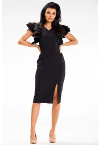 Awama - Elegancka czarna sukienka ołówkowa z dekoltem V i falbankami. Okazja: na imprezę. Typ kołnierza: kołnierz z falbankami. Kolor: czarny. Typ sukienki: ołówkowe. Styl: elegancki #2