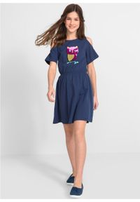 Sukienka dziewczęca z wycięciami na ramionach i obracanymi cekinami, bawełna organiczna bonprix kobaltowy. Kolor: niebieski. Materiał: bawełna. Wzór: aplikacja #8