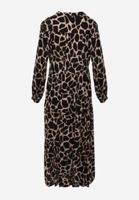 Born2be - Czarno-Beżowa Sukienka Argope. Typ kołnierza: dekolt w serek. Kolor: beżowy. Wzór: nadruk. Styl: klasyczny. Długość: midi #7