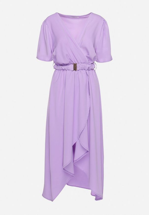 Born2be - Fioletowa Rozkloszowana Sukienka Kopertowa z Gumką w Talii i Ozdobnym Paskiem Vasena. Kolor: fioletowy. Typ sukienki: kopertowe. Styl: elegancki