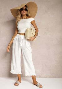 Renee - Białe Szerokie Spodnie High Waist z Gumką w Pasie Jolfea. Okazja: na co dzień. Stan: podwyższony. Kolor: biały. Materiał: tkanina. Styl: elegancki, casual #5