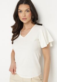 Born2be - Beżowa Bluzka z Szerokimi Rękawami Sunevia. Okazja: na co dzień. Typ kołnierza: dekolt w kształcie V. Kolor: beżowy. Materiał: jeans. Styl: elegancki, casual #2