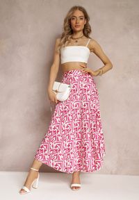 Renee - Fuksjowa Plisowana Spódnica Maxi w Fantazyjny Print Maritha. Kolor: różowy. Materiał: tkanina, satyna. Wzór: nadruk
