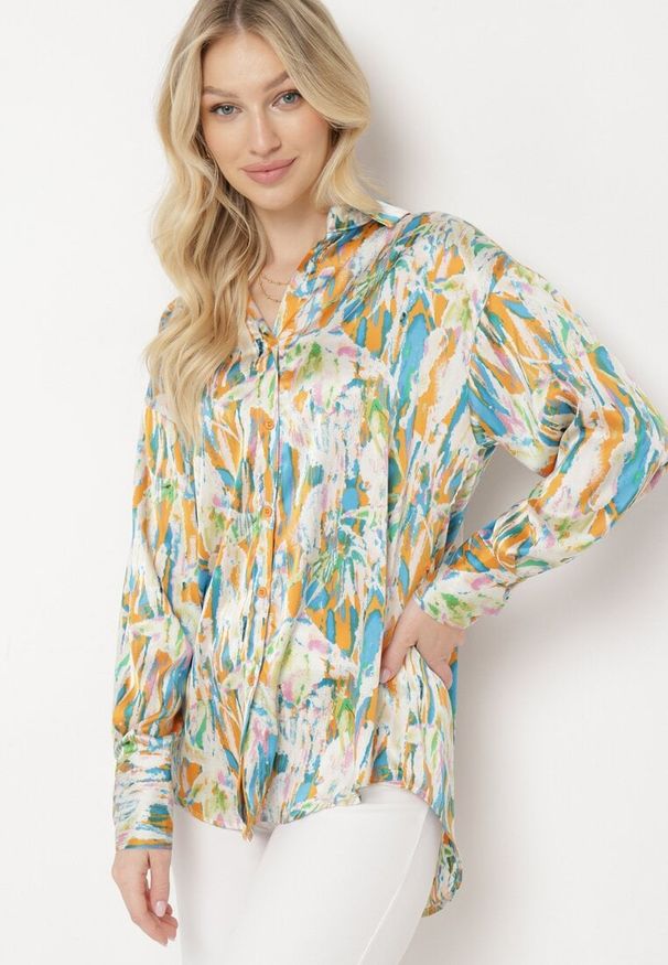 Born2be - Pomarańczowo-Bezowa Rozpinana Koszula z Dłuższymi Mankietami Haliaria. Okazja: na spotkanie biznesowe, do pracy, na co dzień. Kolor: pomarańczowy. Materiał: jeans. Długość: długie. Styl: elegancki, casual, biznesowy