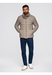Ombre Clothing - Męska pikowana kurtka z dwoma zapięciami - ciemnobeżowa V4 - Rozmiar: XL. Okazja: na co dzień. Kolor: beżowy. Materiał: nylon, tkanina, poliester, materiał. Wzór: gładki, aplikacja. Styl: klasyczny, casual, elegancki #4