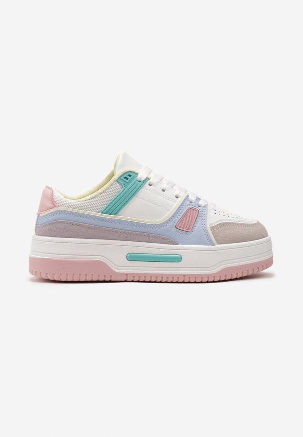 Renee - Biało-Różowe Sneakersy ze Wstawkami z Ekozamszu na Grubej Podeszwie Anecta. Kolor: biały. Materiał: jeans. Wzór: nadruk
