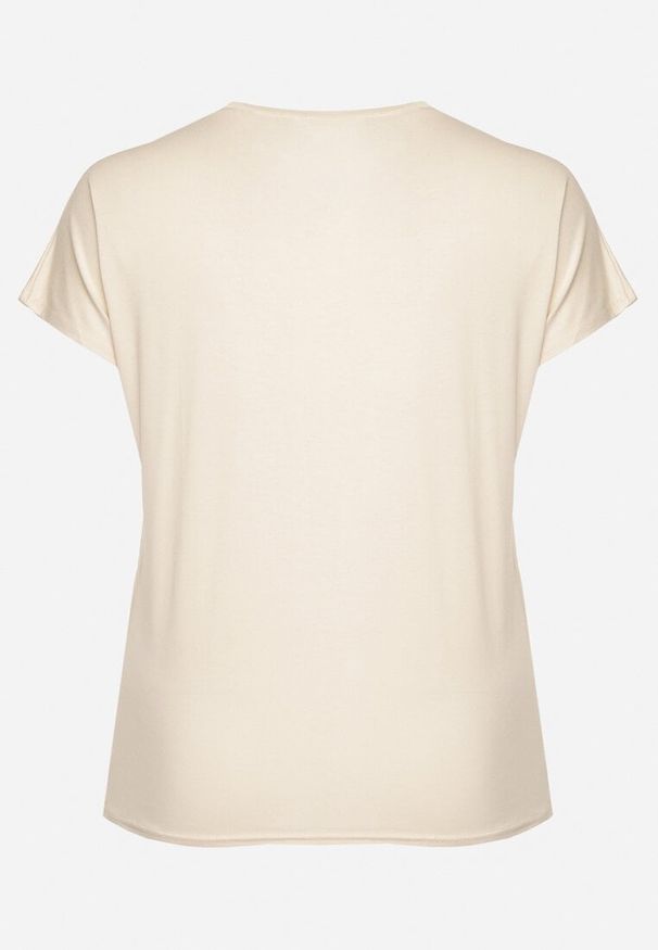 Born2be - Beżowy Klasyczny T-shirt z Bawełny Ozdobiony Nadrukiem i Cyrkoniami Kristinae. Okazja: na co dzień. Kolor: beżowy. Materiał: bawełna. Wzór: aplikacja, nadruk. Styl: klasyczny