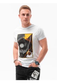 Ombre Clothing - T-shirt męski z nadrukiem S1434 V-9A - biały - XXL. Kolor: biały. Materiał: bawełna. Wzór: nadruk. Styl: klasyczny