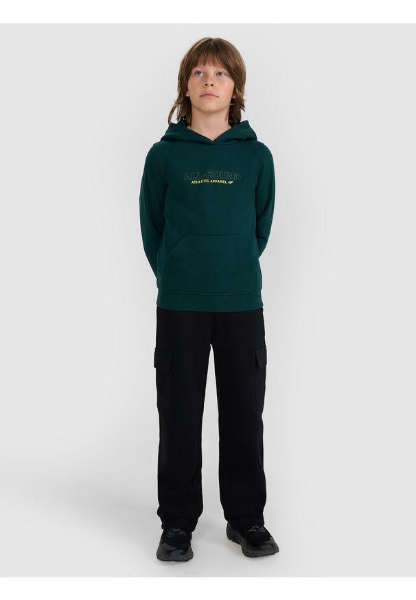4f - 4F Bluza dresowa nierozpinana z kapturem chłopięca - turkusowa 158 (12-13 lat). Okazja: na co dzień. Typ kołnierza: kaptur. Kolor: turkusowy. Materiał: dresówka. Wzór: gładki, nadruk, ze splotem. Sezon: lato. Styl: casual, sportowy