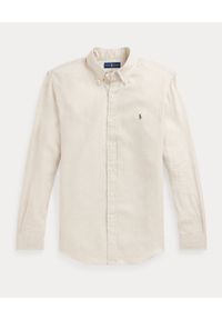 Ralph Lauren - RALPH LAUREN - Beżowa koszula z lnu Custom Fit. Typ kołnierza: polo, button down. Kolor: beżowy. Materiał: len. Wzór: haft #2