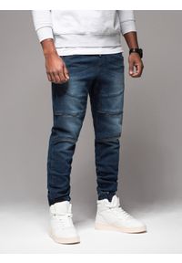Ombre Clothing - Męskie spodnie jeansowe joggery z przetarciami i zamkami – ciemnoniebieskie V1 - Rozmiar: S. Kolor: niebieski. Materiał: jeans. Styl: retro, klasyczny, rockowy