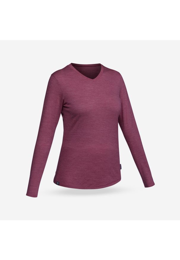 FORCLAZ - Koszulka trekkingowa damska Forclaz Travel 500 merino. Kolor: fioletowy. Materiał: materiał, wełna, akryl