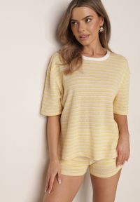 Born2be - Żółty Komplet Bawełniany z Dzianiny Szorty i T-shirt o Luźnym Kroju w Paski Proseltte. Kolor: żółty. Materiał: bawełna, dzianina. Wzór: paski #8