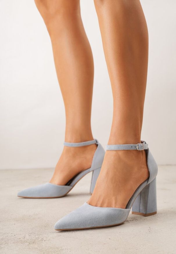 Renee - Niebieskie Czółenka z Imitacji Zamszu na Słupkowym Obcasie ze Szpiczastym Noskiem Hadina. Okazja: na randkę. Nosek buta: szpiczasty. Zapięcie: pasek. Kolor: niebieski. Materiał: zamsz. Obcas: na obcasie. Wysokość obcasa: średni