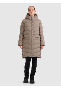 4f - 4F Płaszcz puchowy z wypełnieniem naturalnym damski - beżowy XL. Okazja: na co dzień. Typ kołnierza: kaptur. Kolor: beżowy. Materiał: puch. Długość: do kolan. Sezon: zima. Styl: casual #1