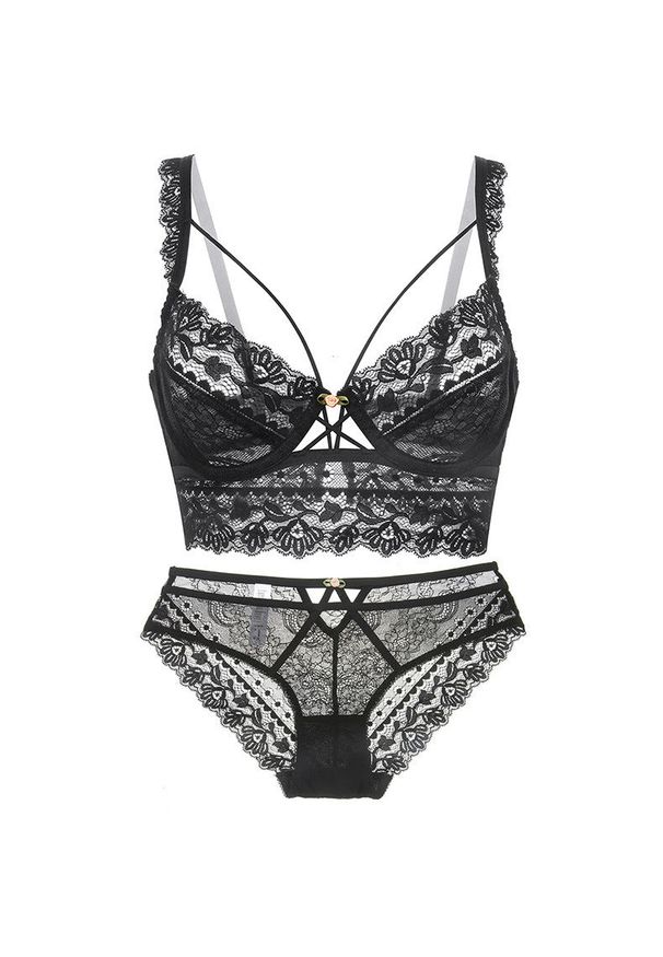 Intica - Komplet bielizny push-up z koronką i podtrzymaniem biustu Hildagarde. Kolor: czarny. Materiał: koronka. Wzór: koronka