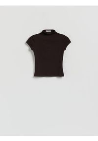 Reserved - T-shirt z wiskozą - ciemnobrązowy. Kolor: brązowy. Materiał: wiskoza