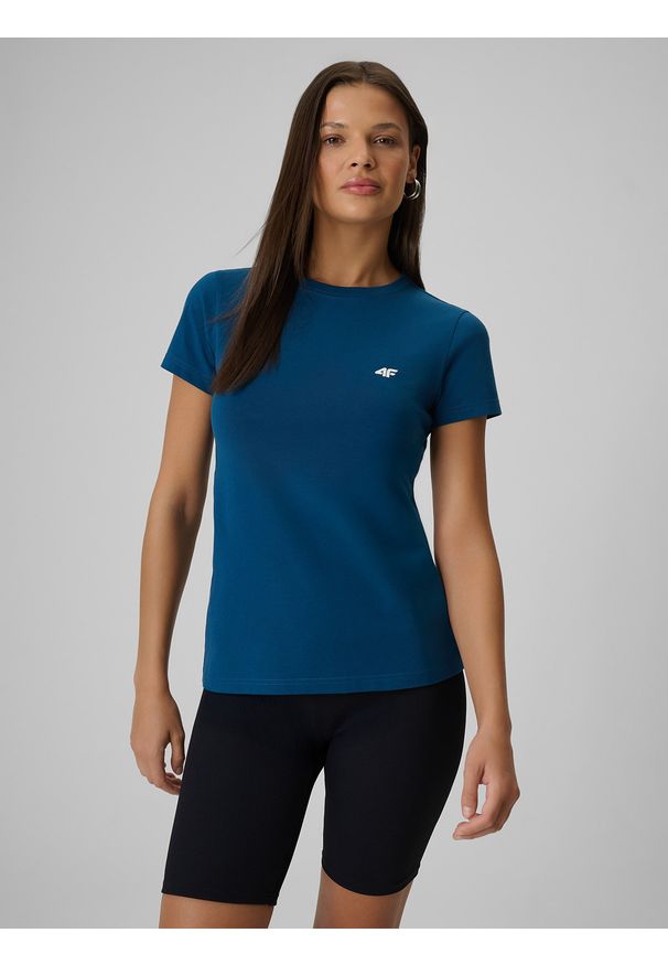4f - 4F T-shirt slim gładki damski - turkusowy S. Okazja: na co dzień. Kolor: turkusowy. Materiał: materiał, bawełna, jeans, skóra. Wzór: gładki. Styl: klasyczny, casual