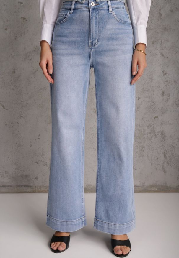 Renee - Niebieskie Jeansy High Waist Wide Leg z Bawełny Grynola. Stan: podwyższony. Kolor: niebieski. Długość: krótkie. Styl: street