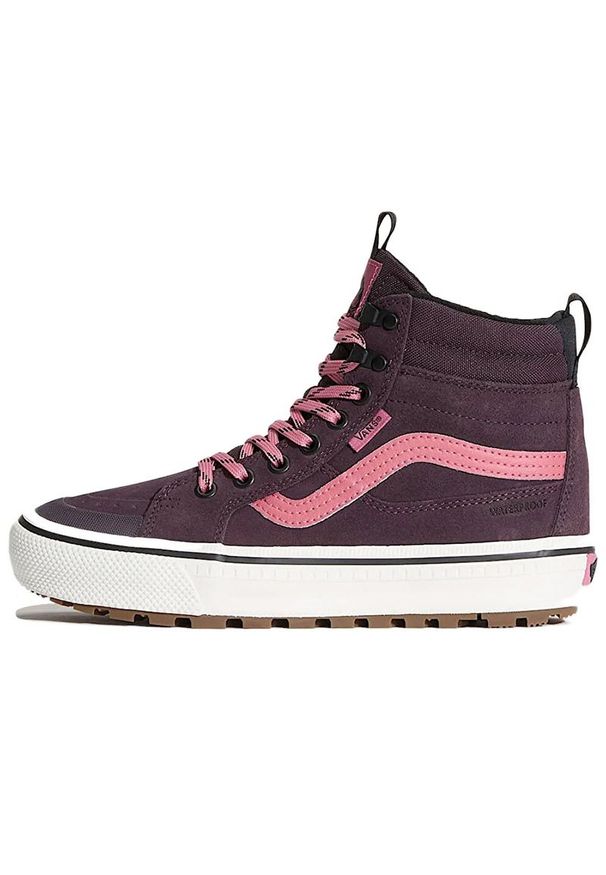 Buty damskie Vans SK8-Hi Waterproof VN000DAQ02Y1 - fioletowe. Kolor: fioletowy. Materiał: guma, syntetyk, skóra, materiał. Szerokość cholewki: normalna. Technologia: Primaloft. Sezon: jesień. Model: Vans SK8