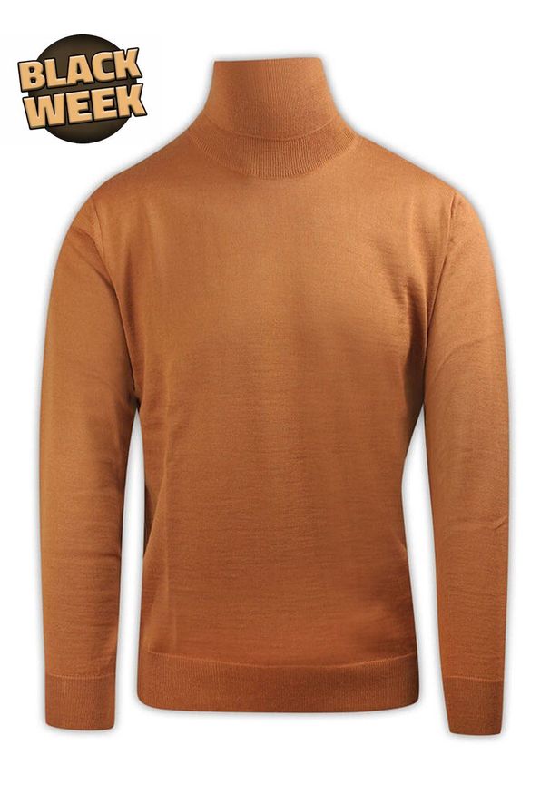 Golf Klasyczny, Karmelowy, Wełna Merynosa, Elegancki -MM Classic- Męski. Typ kołnierza: golf. Kolor: brązowy, beżowy, wielokolorowy. Materiał: akryl, wełna. Styl: elegancki, klasyczny